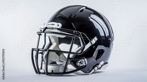 Close-up of a sleek black football helmet on a plain background. Ideal for sports and athletic related content and promotions.