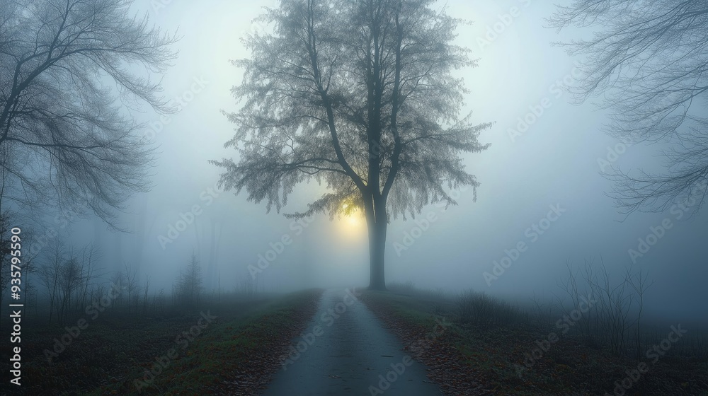 A Serene Misty Morning with a Tree and Sunlight A Serene Misty Morning with a Tree and Sunlight