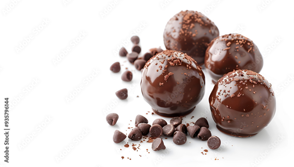 Homemade cocoa balls, dragee with melted chocolate. Whole isolated candies set. Luxury sweets with shiny brown icing on white background Homemade cocoa balls, dragee with melted chocolate. Whole isolated candies set. Luxury sweets with shiny brown icing on white background