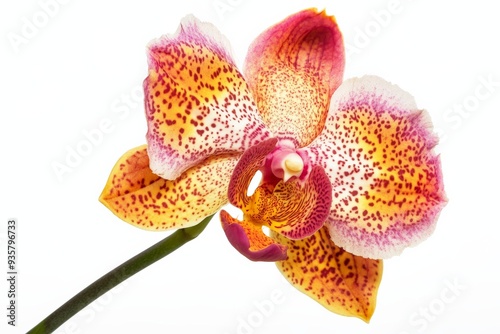 A stunning close-up of a single orchid flower, featuring a blend of orange and pink hues with intricate spotted patterns, set against a pristine white background.