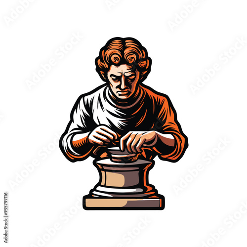 A man with curly red hair sculpting a bust on a pottery wheel.