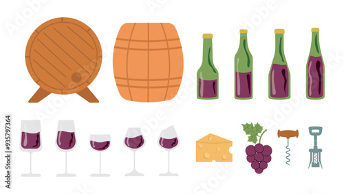 Wine set. Grapes, wine bottles and glasses, cheese, wooden barrels. Vector illustration