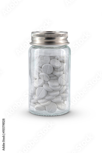 small medicine pills glass bottle isolated on white background