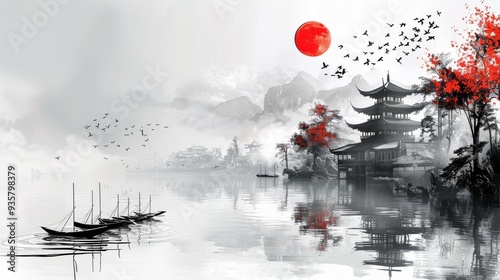 A serene painting of a Japanese landscape with a red sun