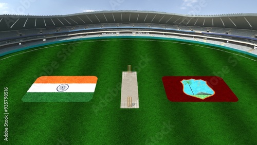 Cricket Stadium with INDIA AND WEST INDIES Flags on the Ground Representing INDIA VS WEST INDIES Cricket Match