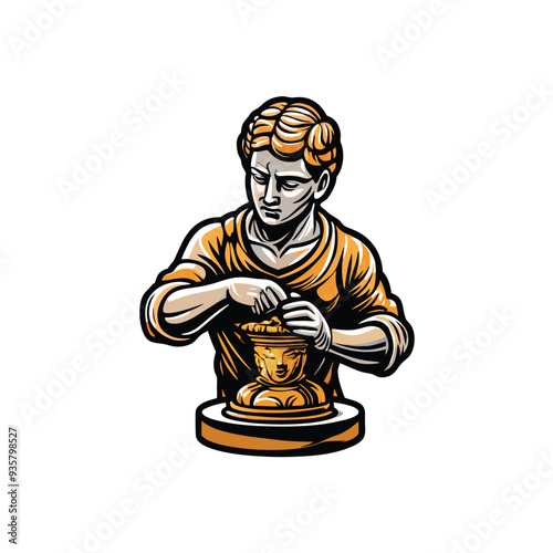 A person with a serious expression sculpting a clay bust, holding the clay with both hands.