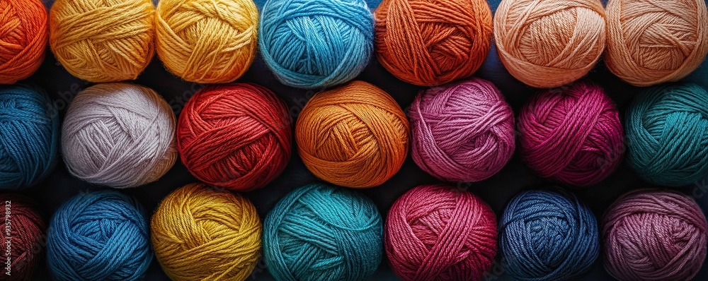 A pile of yarn in various colors, arranged neatly on top of each other to create an abstract pattern. The color palette includes various shades of pastel tones. A pile of yarn in various colors, arranged neatly on top of each other to create an abstract pattern. The color palette includes various shades of pastel tones.
