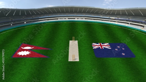 Cricket Stadium with NEPAL AND NEW ZEALAND Flags on the Ground Representing NEPAL VS NEW ZEALAND Cricket Match photo