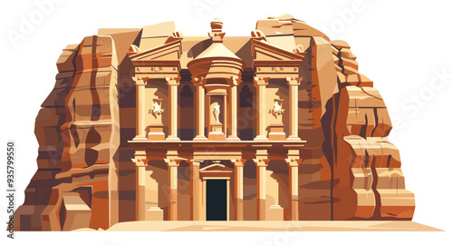 Petra with the iconic facade carved into the rock. Flat design minimalist illustration