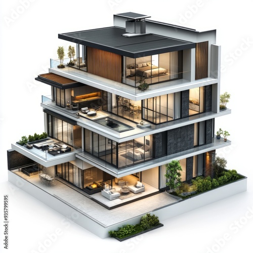 Photorealistic Luxury Penthouse 3D Render - Urban Style Isolated on White Background