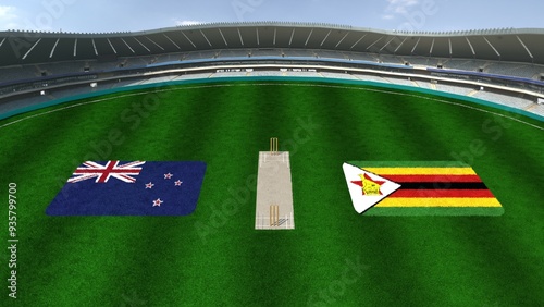 Cricket Stadium with NEW ZEALAND AND ZIMBABWE Flags on the Ground Representing NEW ZEALAND VS ZIMBABWE Cricket Match photo