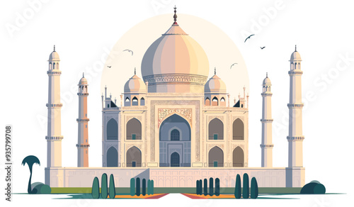 Taj Mahal postal illustration. Travel concept. Minimalist flat design