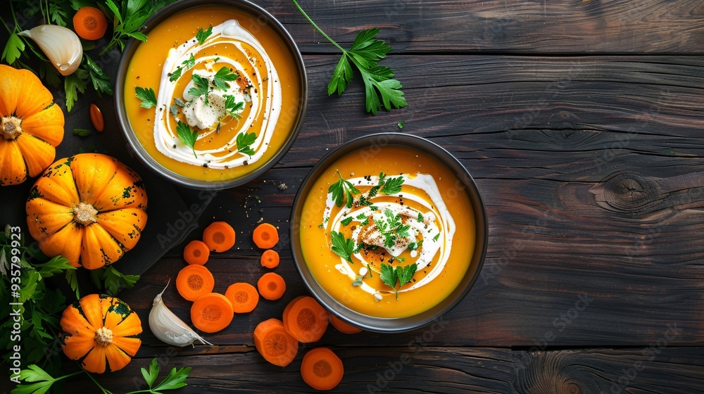 Pumpkin soup with cream and parsley in a bowl on a wooden background. Copy space. Pumpkin soup with cream and parsley in a bowl on a wooden background. Copy space.