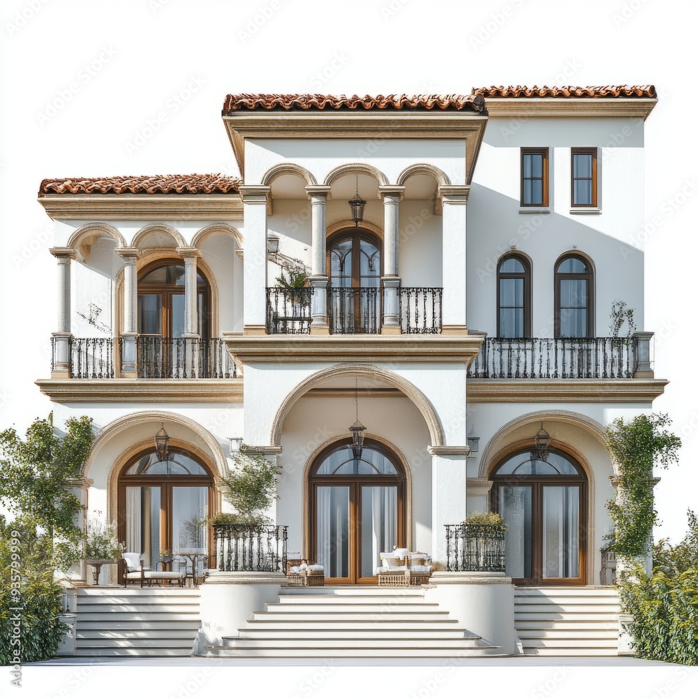 Photorealistic Mediterranean Villa Render: Classical Design, White Background Photorealistic Mediterranean Villa Render: Classical Design, White Background