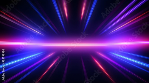 Futuristic Neon Tunnel with Vibrant Purple and Blue Lighting, Creating a Sense of Depth and Speed with Symmetrical Lines and a Glowing Horizon