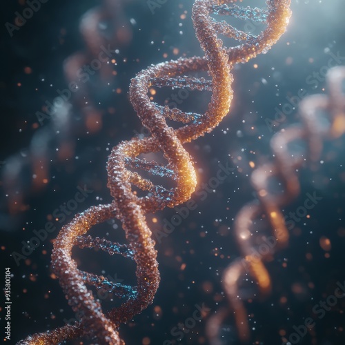 Close-up view of a DNA double helix structure, showcasing intricate molecular details and scientific concepts in a dynamic, glowing background.