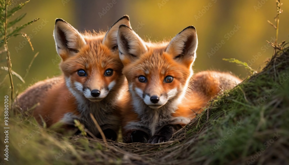 Naklejka premium two baby foxes looking scared