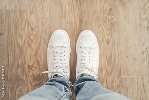 White Sneakers on a Wooden Floor photo