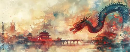 A painting of a dragon flying over a city with a bridge in the background photo