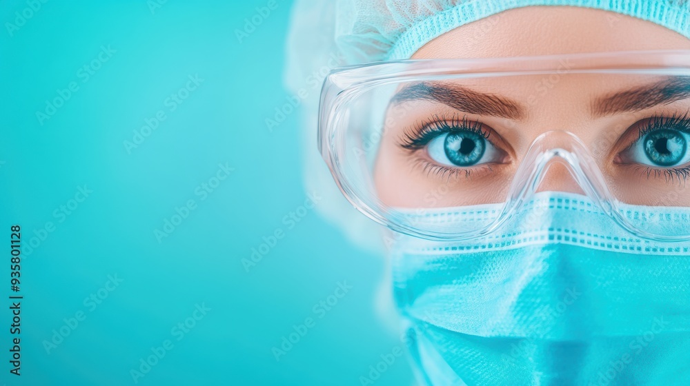 A person wearing a face mask, gloves, and safety glasses in a sterile environment, representing healthcare protection. A person wearing a face mask, gloves, and safety glasses in a sterile environment, representing healthcare protection.