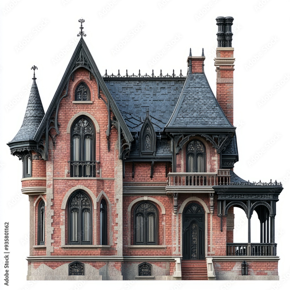 Photorealistic Neo-Gothic House: 3D Render on White Background Photorealistic Neo-Gothic House: 3D Render on White Background