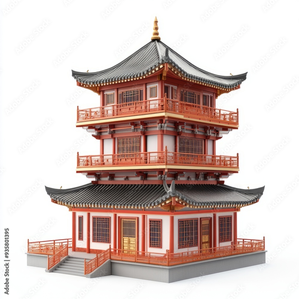 Fototapeta premium Photorealistic Pagoda House 3D Model - Isolated on White Background