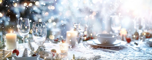 A table with a white tablecloth and a white plate with a bowl of food