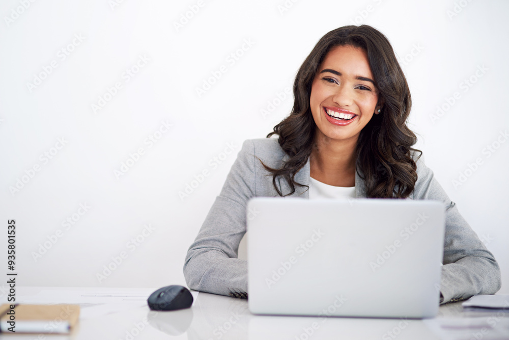 Portrait, business and woman with laptop, smile and finance clerk on white background. Face, happy person at desk and employee with pc, online system and accounting space with email notification Portrait, business and woman with laptop, smile and finance clerk on white background. Face, happy person at desk and employee with pc, online system and accounting space with email notification