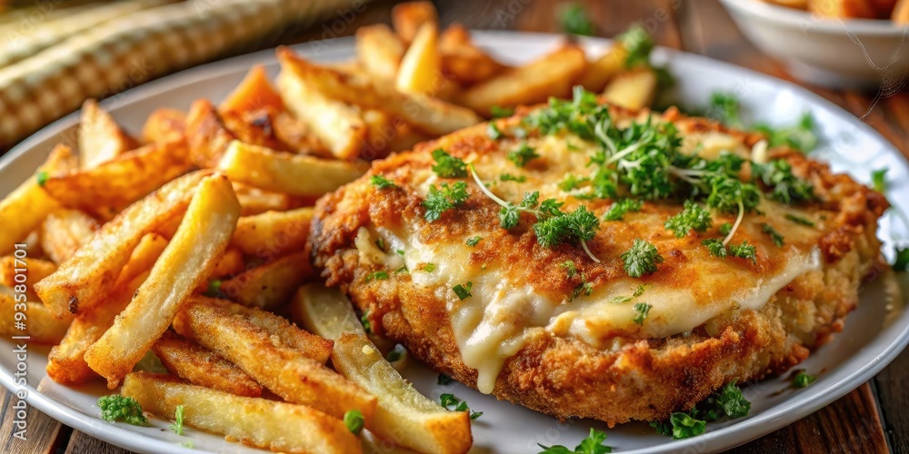 Cheese stuffed breaded pork chop with a side of crispy French fries
