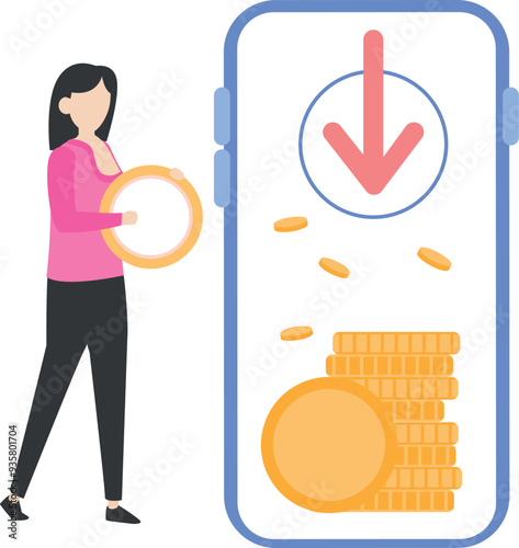 The girl is downloading money.