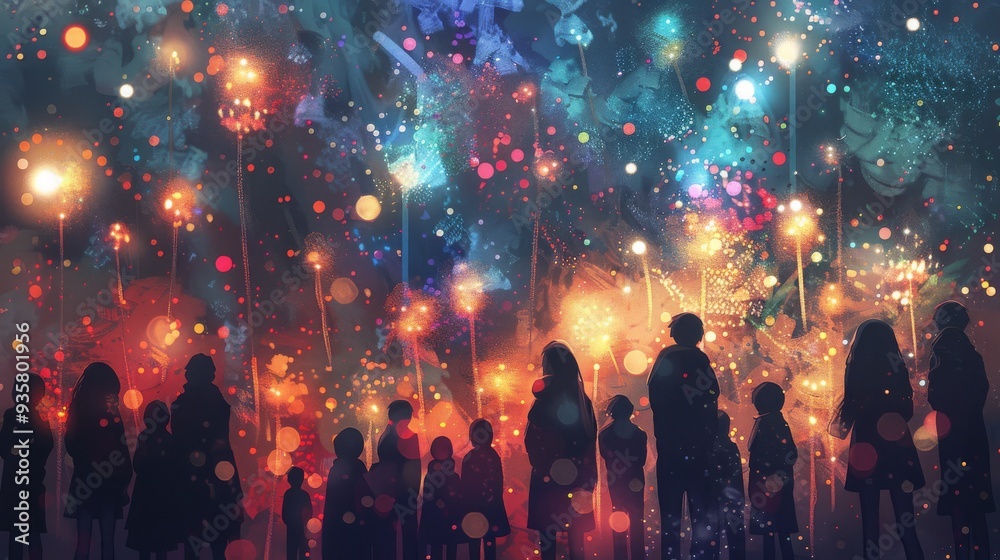 Fototapeta premium A group of people are standing in front of a fireworks display