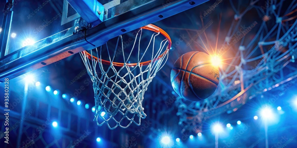 Basketball going into the hoop under bright blue lights on the court Basketball going into the hoop under bright blue lights on the court