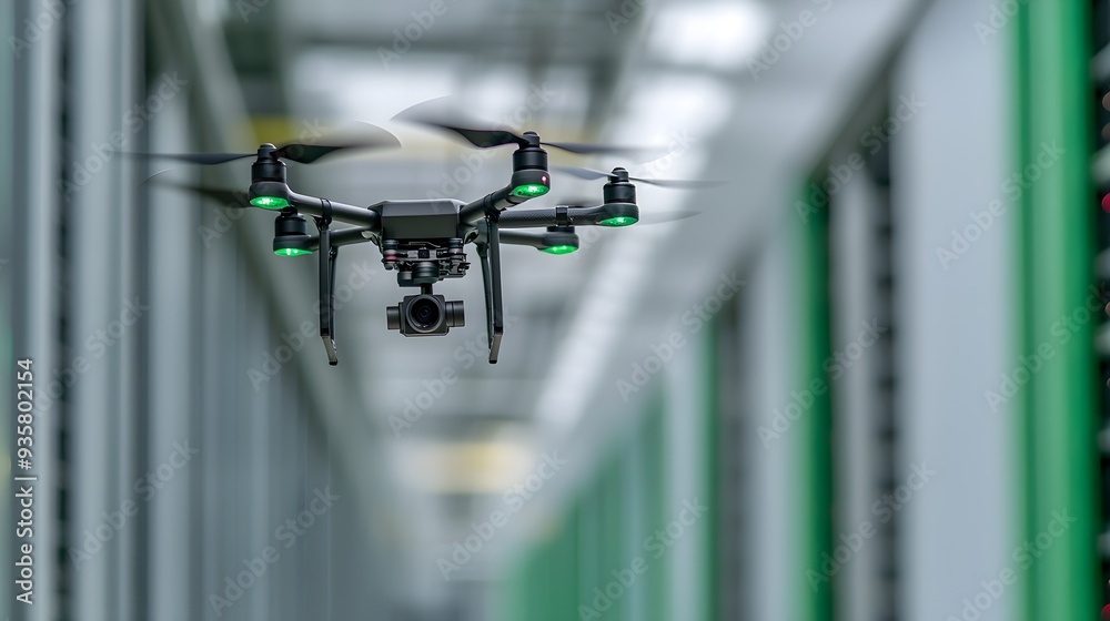 A drone inspecting the exterior of a data center, ensuring the building's integrity and security. A drone inspecting the exterior of a data center, ensuring the building's integrity and security.