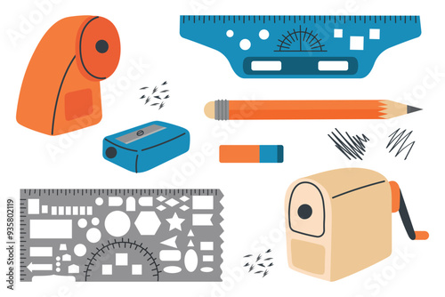 Stationery set. Vector illustration of various mechanical sharpeners, eraser, pencil lead crumbs