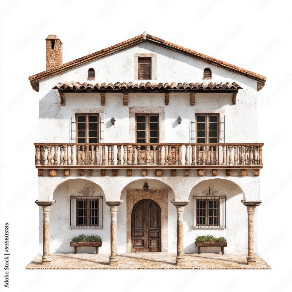 Photorealistic Spanish Hacienda - Colonial Style, Isolated on White Background