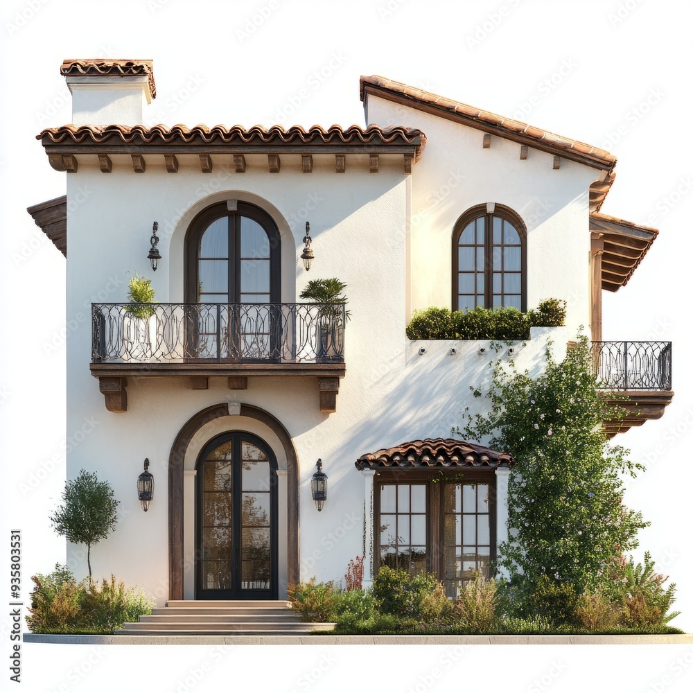 Photorealistic Spanish Revival House 3D Render - Isolated on White Background Photorealistic Spanish Revival House 3D Render - Isolated on White Background