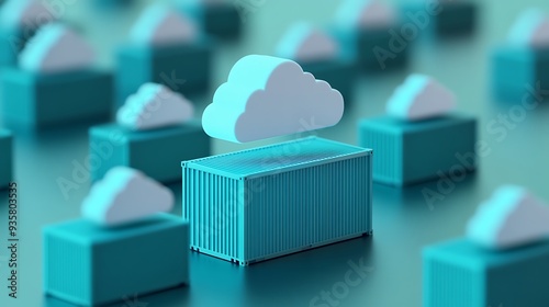 Futuristic technology concept with containers and digital cloud icons. Abstract representation of cloud computing and data storage