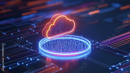 Futuristic visualization of cloud computing technology with neon lights and circuits representing data transfer and storage.