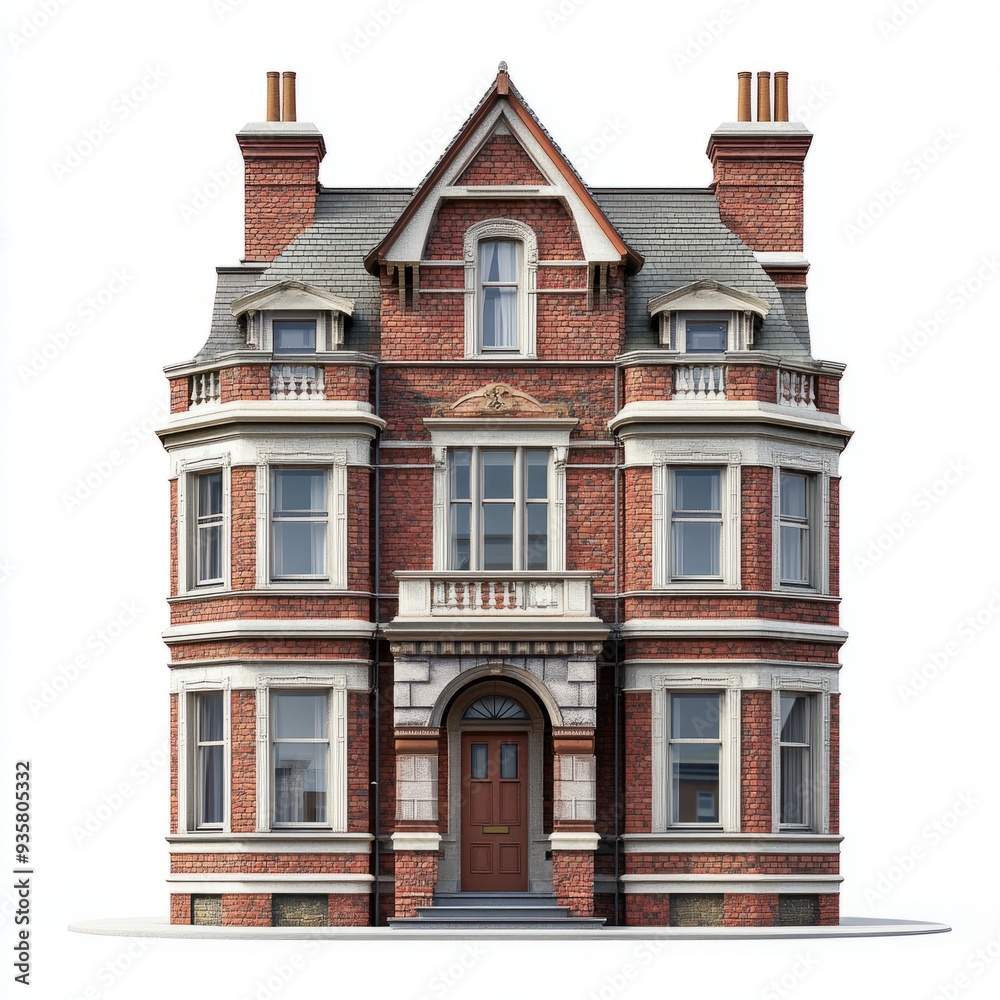 Fototapeta premium Victorian Terrace House: Photorealistic 3D Model Isolated on White Background 1
