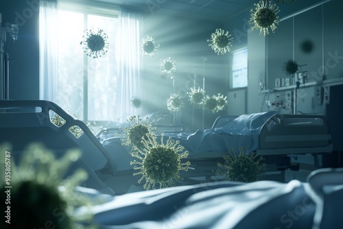 Digital illustration of virus particles floating in a dimly lit hospital patient room, representing a medical setting affected by infectious diseases.