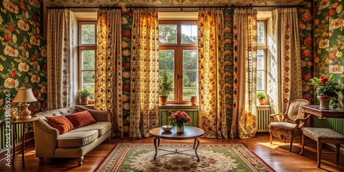 In this vintage abode, patterned curtains unfurl like the pages of a worn book, revealing a treasure trove of memories, warmed by the gentle glow of faded hues and shared moments. photo