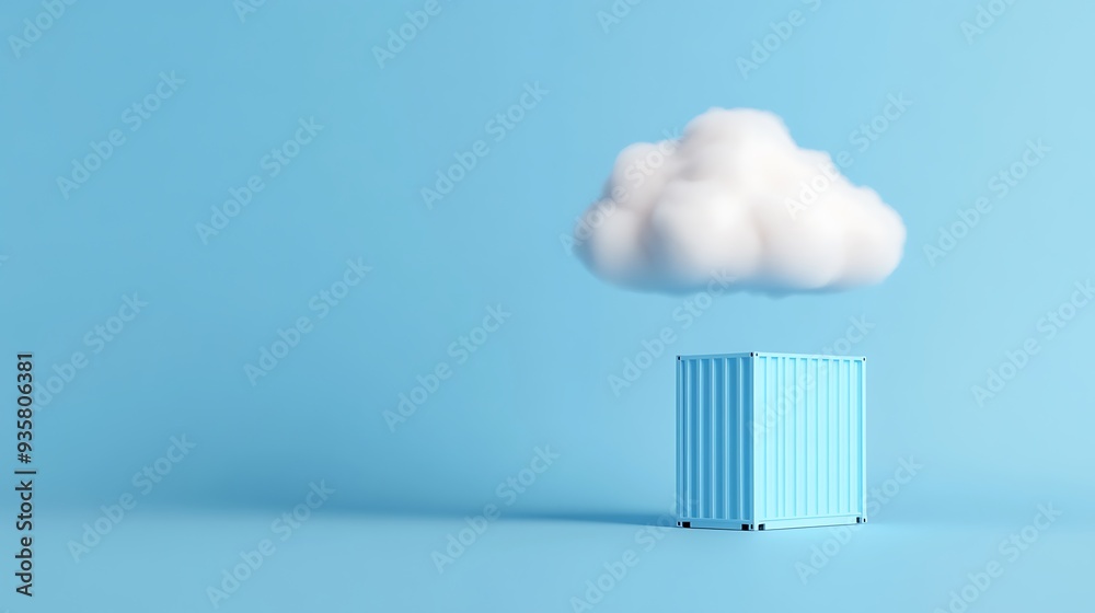 Minimalist concept of cloud computing with a white cloud over a blue shipping container on a light blue background. Minimalist concept of cloud computing with a white cloud over a blue shipping container on a light blue background.