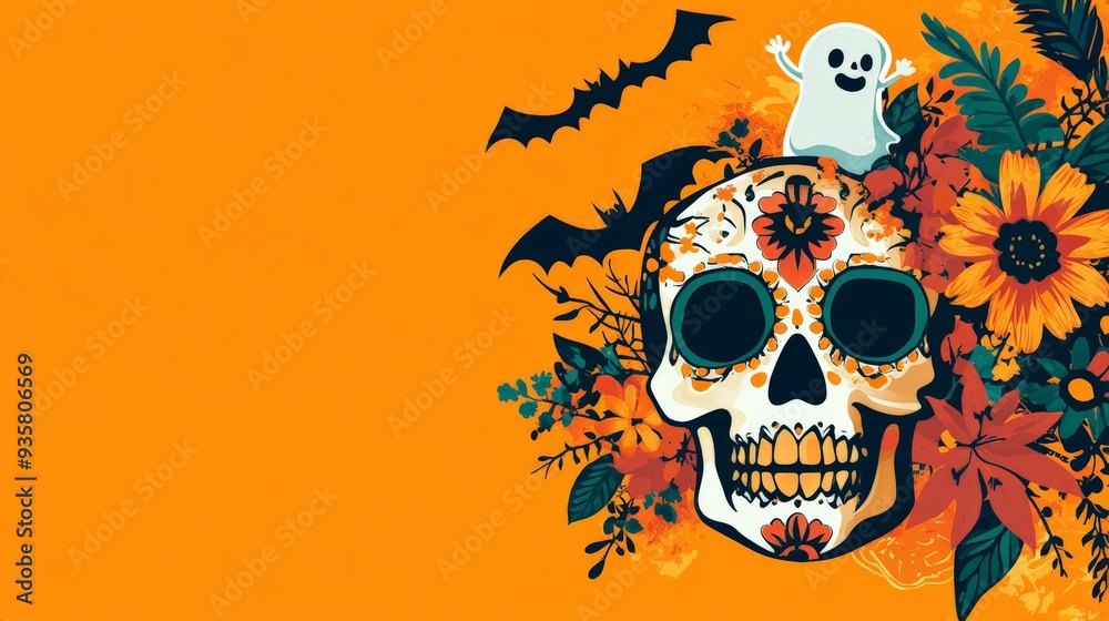 A decorated sugar skull illustration adorned with flowers and foliage, with a playful ghost perched on top, set against a bright orange background featuring bats. A decorated sugar skull illustration adorned with flowers and foliage, with a playful ghost perched on top, set against a bright orange background featuring bats.