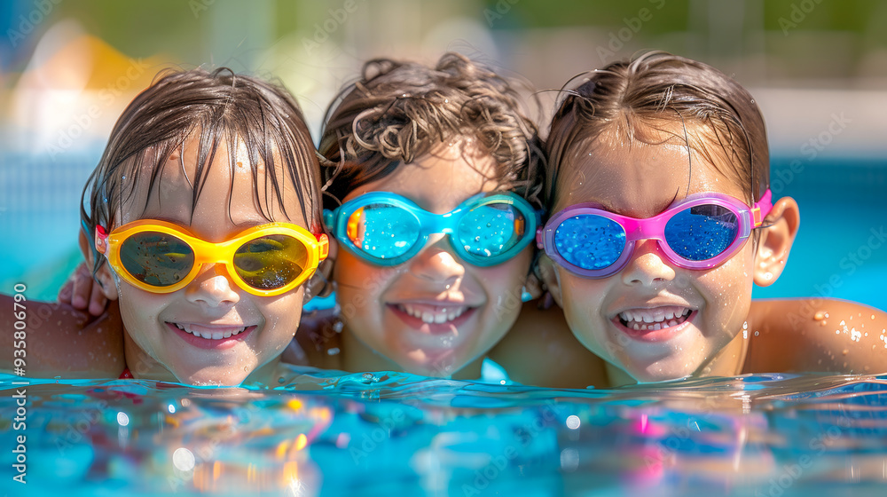 Joyful Summer Pool Fun: Kids Splashing and Smiling in Vibrant Sunglasses Joyful Summer Pool Fun: Kids Splashing and Smiling in Vibrant Sunglasses