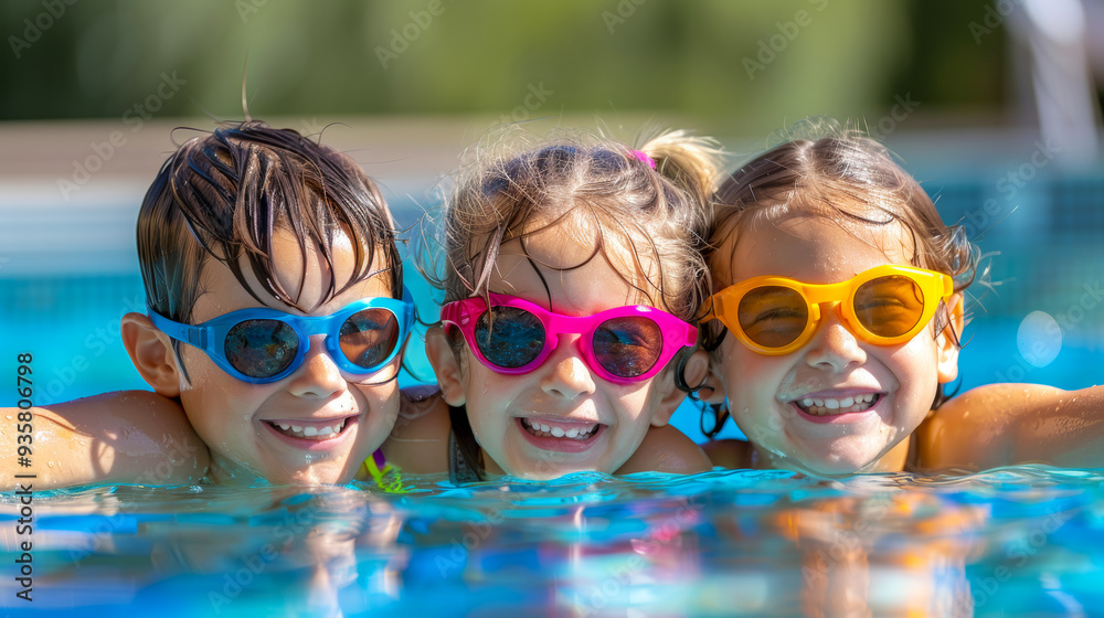 Joyful Summer Pool Fun: Kids Splashing and Smiling in Vibrant Sunglasses