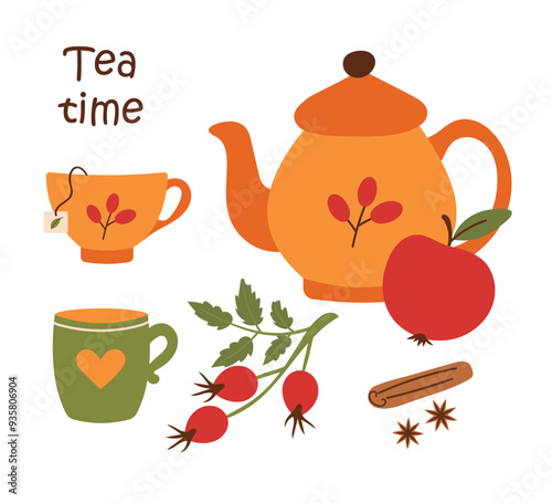 Cute teapot with two cups and tea bag, cinnamon, apple and rosehip branch. Autumn tea party