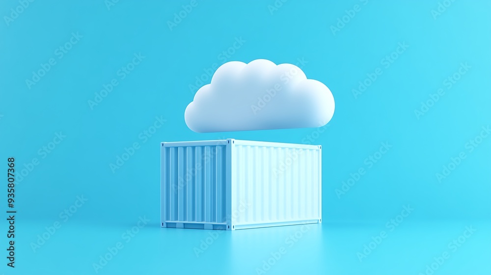 Minimalist image of a container and a cloud against a blue background symbolizing cloud computing and storage solutions. Minimalist image of a container and a cloud against a blue background symbolizing cloud computing and storage solutions.