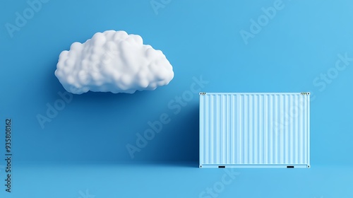 Wallpaper Mural Minimalist scene with a white fluffy cloud and a blue shipping container on a vibrant blue background, creating a surreal contrast. Torontodigital.ca
