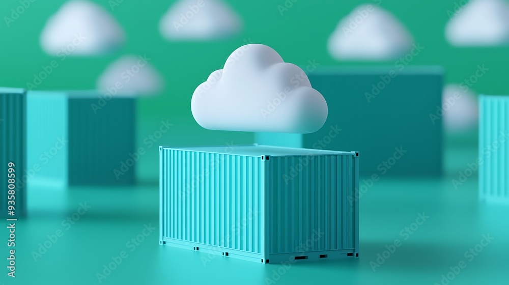 Minimalistic 3D render of a cloud above a shipping container, representing cloud computing and data storage. Simple green background with clouds.