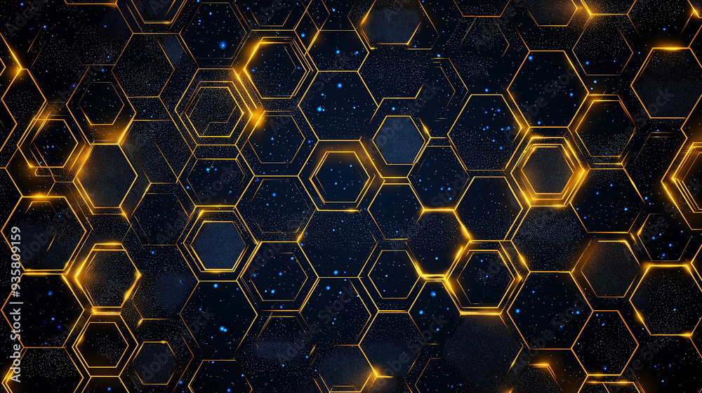 futuristic and technological background of hexagonal networks, gold and dark blue futuristic and technological background of hexagonal networks, gold and dark blue